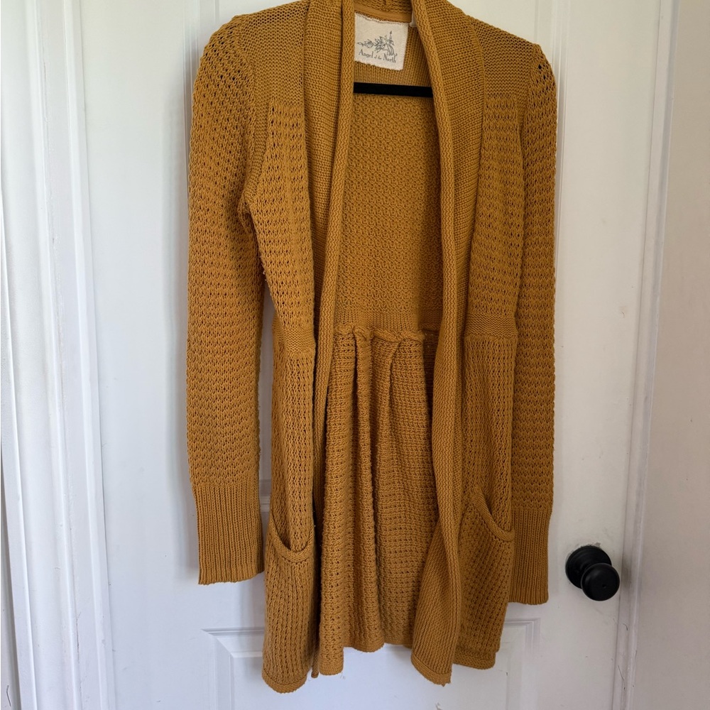 Angel Of The North Women's Mustard Open-Front Sweater - Size M- Cozy Sweater